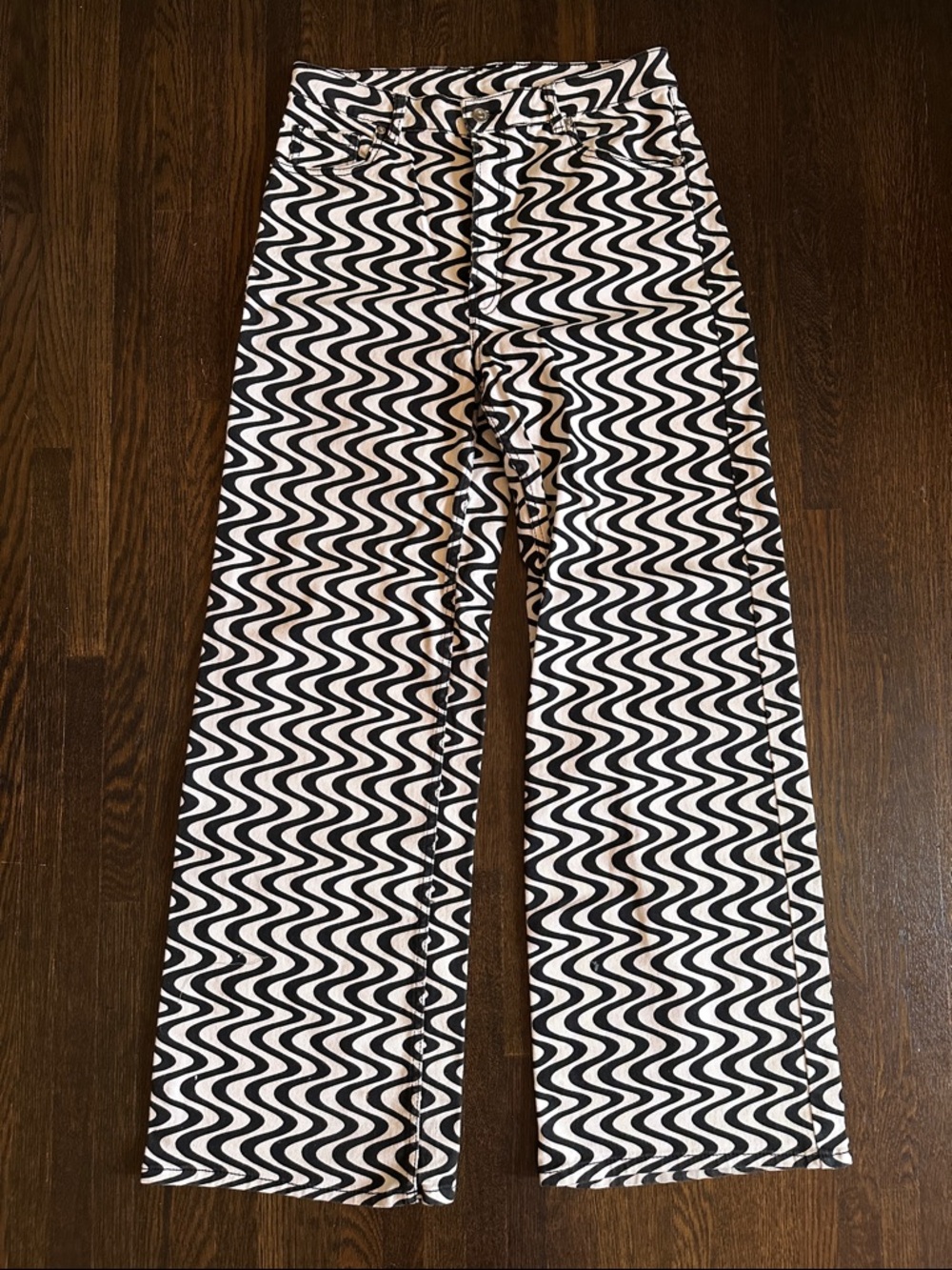H&M DIVIDED Black and White Wave-Print Wide Leg Pants Size 12